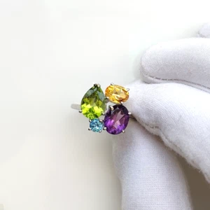 Natural Peridot Citrine Amethyst Blue Topaz Sterling Silver Cluster Ring Gift - Picture 1 of 10