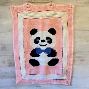 Handmade Crocheted Panda Bear Crib Blanket Baby Throw White Pink Blue  41 x 31" - Picture 1 of 6