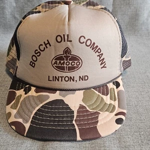 Vintage Amoco Bosch Oil Co  Snapback Trucker Hat Baseball Cap  Headmost Cammo ND - Picture 1 of 7