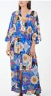 Dress blue multi print wrap kimono maxi