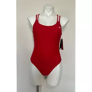 Reebok Women's Criss Cross Scoop Back One-Piece Quick Dry Swimsuit UPF 50+ Red S - Picture 1 of 3