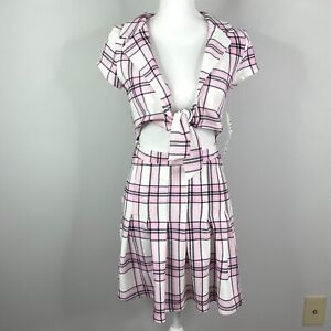 Almost Famous Dress Womens Medium Pink & White Plaid Tie-Front Cutout Pleated