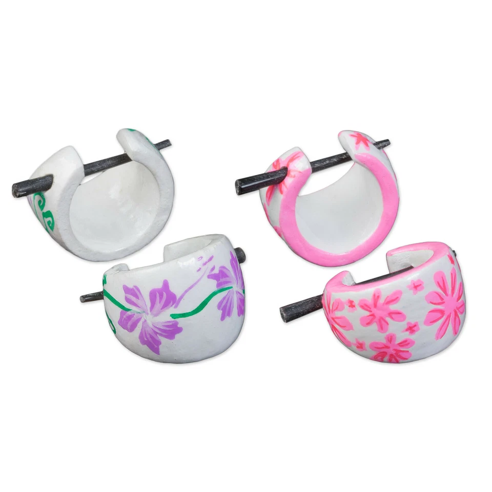 1 Pair Wood Earrings Hibiscus Flowers Hawaii Creoles Hoop CC249 - Image 1 of 1