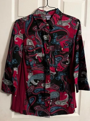 Blusa Camisa Mujer Laura Scott Rosa Negro Paisley LS Botón Delantero Para Mujer’s 1X Foto 1 de 4