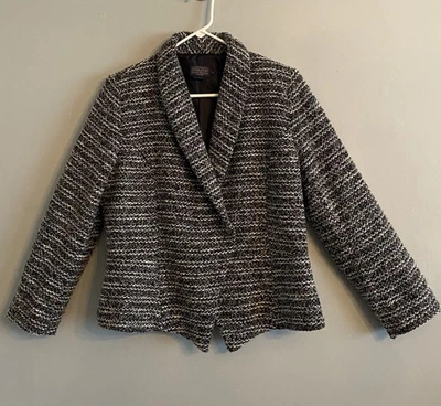 Pendleton Tweed Wool Cotton Blend Black Gray Blazer Women’a Size 12 Shawl Collar - Image 1 of 4