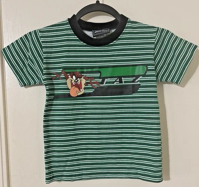 Vtg Looney Tunes Taz Tasmanian Devil Kids Shirt Size 4 Green Stripes 90s Cartoon - Image 1 of 4