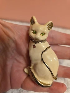 Scharnier Katze Schmuckkästchen weiß Emaille Strass Augen goldfarben - Bild 1 von 14
