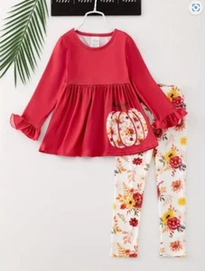 NEW Boutique Pumpkin Tunic Dress & Floral Leggings Girls Outfit - Picture 1 of 7