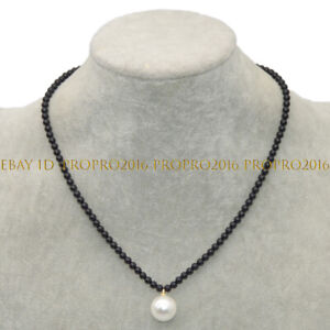 Natural Black Agate 4mm 14mm Round White Shell Pearl Pendant Necklace 18''