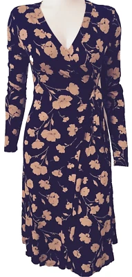 Garnet Hill цветочный принт надежном Midi длинным рукавом платье черный бежевый Джерси XS новый с Ярлыками - Изображение 1 из 4