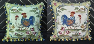 Pair of Wool Needlepoint Throw Pillow Cover Rooster and Cottage Cushion 16x16 - Picture 1 of 12