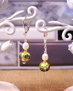 Beautiful Sterling Silver Pearl & Cloisonne Lever Back Dangle Earrings F78 - Picture 1 of 2