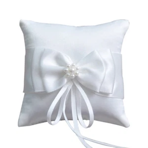 White Wedding Satin Bowknot Cushion Bearer Pillow Pearl Ceremony Ring Throw NEW - Picture 1 of 8