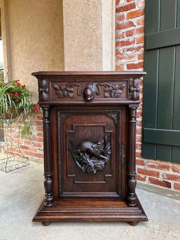Antique French Hunt Cabinet Carved Oak Black Forest Lodge Foyer Sideboard Table Cover