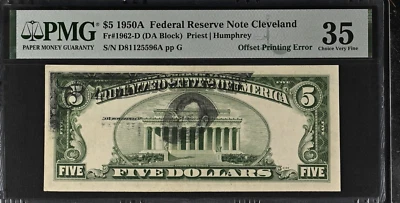 1950A $5 FRN Cleveland Fr 1962-D Offset Printing Error - PMG 35 Choice VF - Image 1 of 3