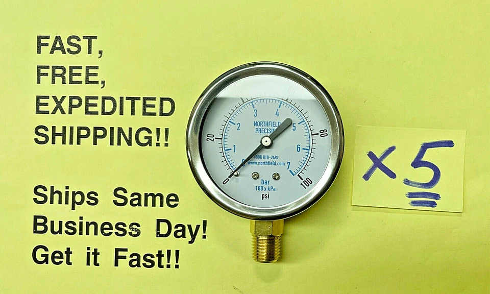Pressure Gauge 0-100 PSI, 2.5" FACE, 1/4" NPT Lower Mount; PKG 5 PCS; Ships FREE - Image 1 of 1