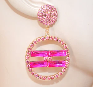 Orecchini donna cerchi pendenti oro dorati strass cristalli rosa fucsia D68 - Foto 1 di 2
