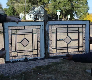 Antique Pair Leaded, Beveled and Textured Colored Glass Windows – 2 - Picture 1 of 11