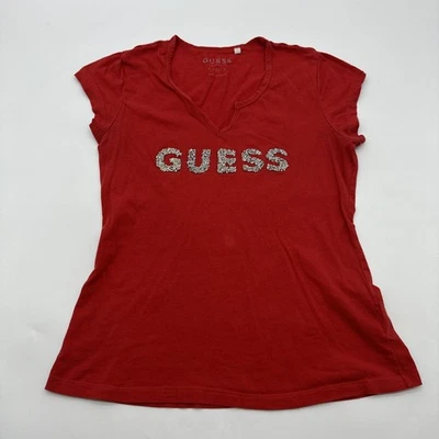 Guess Los Angeles T-shirt Women M Red V-Neck Logo Rinestone 100% Cotton.#35428 - Изображение 1 из 4
