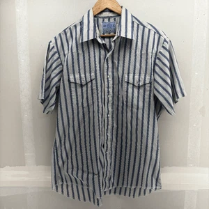 Camisa De Colección American Hero Para Hombres L Azul Rayas Perla Occidental A Presión Colas X Largas - Imagen 1 de 5