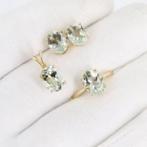 Natural Green Amethyst Gemstone 14k White Gold Jewelry Set Ring Pendant Earrings - Picture 1 of 8