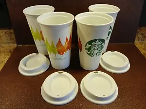 4 Starbucks Cups w/Lids 16 ozs. White/Logo-Leaves BPA Free Plastic Reusable USA - Picture 1 of 14