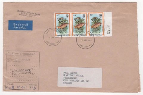 1982 MONTSERRAT Air Mail Cover PLYMOUTH to STOURBRIDGE GB Fish OHMS OVERPRINT Cover