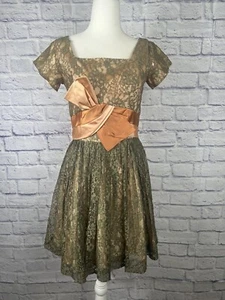Vtg 60s 50s Green Lace Cocktail Dress Audrey Hepburn Peach Bow - Picture 1 of 13