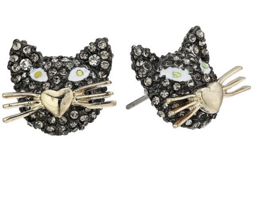 $32 Betsey-Johnson-Mujer-Dorado y Hematita-Gato-Stud-Pendientes F230/203 Foto 1 de 4