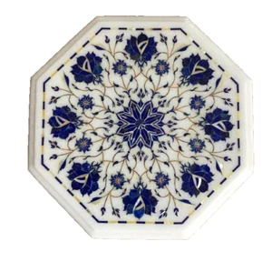 Handmade White Marble Inlay Octagonal Side Table Top with Blue Floral Design – - Picture 1 of 13