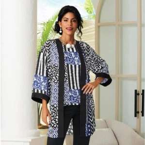 Size 2X PLUS Midnight Velvet Black White Blue Pamina Patch Print Duster - Picture 1 of 4