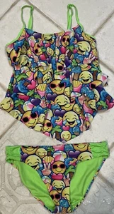 JUSTICE TANKINI SZ 18 1/2 CHILLIN W/MY EMOJIS TIERED HALTER TOP SUPER CUTE!! - Picture 1 of 3