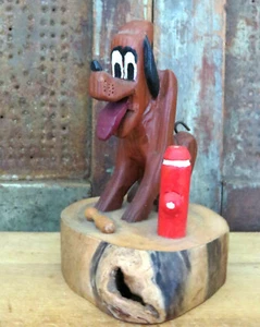 Wood Hand Carved & Painted Folk Art Signed GEE 95 Pluto looking dog w hydrant - Picture 1 of 5