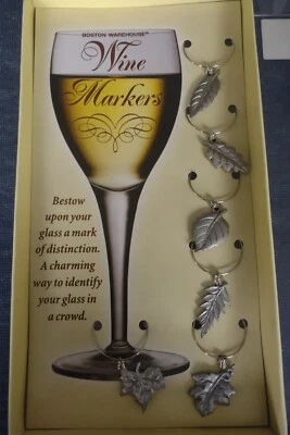 MARCADORES DE VINO Boston Warehouse ~ Juego de 6 ~ Hojas de Metal Plateado ~ Nuevos en Caja 2001 Foto 1 de 3