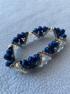 Dark Blue & Clear Faceted Resin Crystal Beaded Stretch Bracelet Austrian Czech - Image 1 of 2