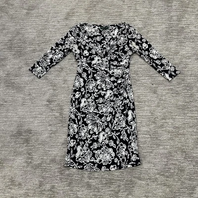 Lauren Ralph Lauren Dress Womens Petite 8P Black White Floral Ruched 3/4 Sleeve - Image 1 of 4