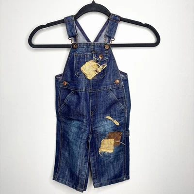 Levis Baby Denim Overalls 12M Blue Distressed Burlap Patches Shortall - Image 1 of 4