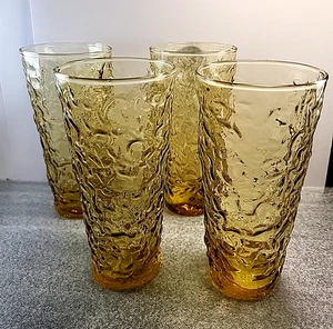 Vintage Anchor Hocking Lido Milano 14 Unzen Strukturiert Honig Gold Glas Becher 4er Set - Bild 1 von 7