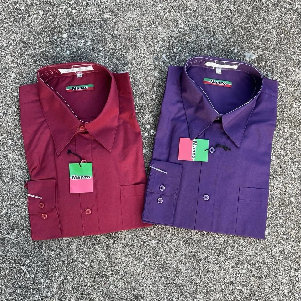 Camisas de vestir Manzo 2 manga larga abotonadas en rojo y morado. Talla 17 32/33 Nuevo con etiquetas Foto 1 de 4