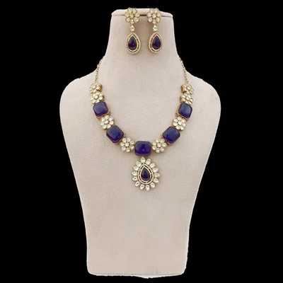 Collar de boda indio amatista Polki Kundan joyería, chapado en oro victoriano Foto 1 de 4