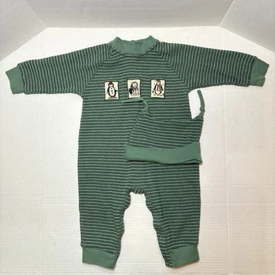 Mameluco Infantil De Colección Años 80-90 Hecho Hong Kong 18M Animal Verde Tejido a Rayas con Beenie Foto 1 de 4