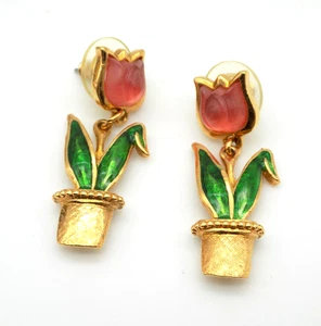 Vintage Earrings Avon Pink  Tulip Flower in Pot Dangle Spring Signed Pierced - Picture 1 of 6