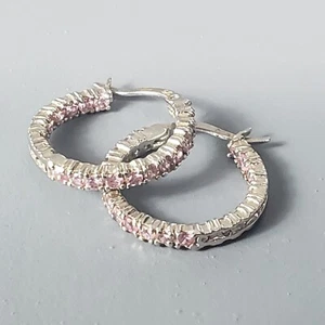 Dangle Hoop Earrings Sterling Silver Pink Rhinestone Retro Modernist Boho 0.75" - Picture 1 of 12