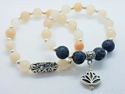 Pink Opal Gemstone Bead 2 Bracelet Set SP Lotus Charm Stretch Chakra Healing  - Image 1 of 4