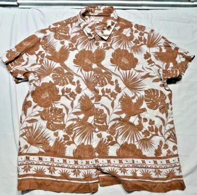 Vintage Guess Hawaiian Shirt Mens XL Brown Linen Button Up Floral Short Sleeve - Image 1 of 4