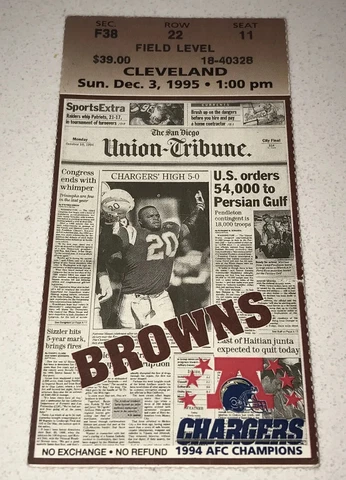 12/3/95 San Diego Chargers NFL Cleveland Browns Coca Cola Newspaper Ticket Stub Cover