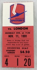 OHL 1991 11/11 London Knights at Windsor Spitfires Hockey Ticket