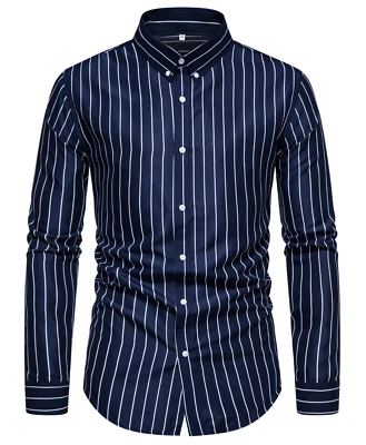 Camisa azul marino de manga larga de rayas para hombres casuales elegantes Foto 1 de 4
