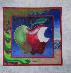 Apfel und Schlange handbemalte Nadelspitze Leinwand - Bild 1 von 3