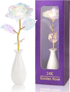 Rainbow Artificial Rose Flower Valentines Day Gifts for Mom with Gold Foil Stem& - Picture 1 of 6